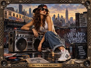 A confident woman in streetwear poses beside a battered boombox on a gritty New York rooftop. Warm sunset light illuminates graffiti, subway cars, vinyl records, spray cans, and wet pavement. Rich bronze tones, urban textures, and a speaker-studded metal frame create a rebellious, energetic 1980s hip-hop atmosphere.
