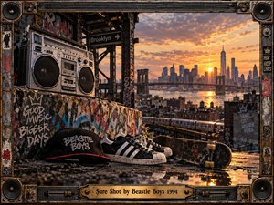 A battered boombox, Beastie Boys cap, worn sneakers, and skateboard anchor a gritty Brooklyn rooftop scene beneath elevated tracks. Warm sunset light glows across the skyline and river, reflecting on wet concrete. Graffiti, rusted metal, speakers, and urban textures create a raw, nostalgic 1990s hip-hop atmosphere.