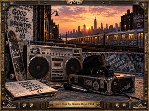 A weathered boombox, skateboard, microphone, records, hat, and road case fill a gritty New York rooftop as an elevated train crosses the glowing skyline. Warm orange sunset light contrasts with dark industrial textures, graffiti, and metallic details. An ornate music-inspired frame completes the energetic, nostalgic hip-hop composition.
