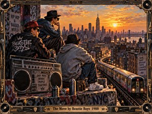 Three hip-hop figures overlook a glowing New York skyline from a graffiti-covered rooftop as a subway curves through the city below. Warm orange sunset light contrasts with dark urban textures, spray cans, and a vintage boombox. Detailed painterly realism and an audio-inspired metal frame create nostalgic, energetic atmosphere.