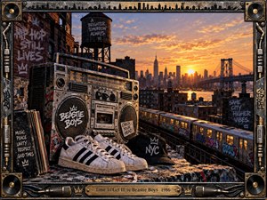 A weathered boombox, sneakers, records, and an NYC cap overlook a gritty urban skyline at glowing sunset. Graffiti-covered rooftops, an elevated train, bridge, and distant towers create restless hip-hop energy. Warm amber light contrasts with dark steel textures, while the elaborate speaker-and-microphone frame reinforces the bold 1980s street aesthetic.