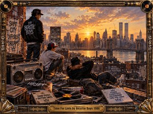 Three young men relax on a gritty New York rooftop at sunset, surrounded by a vintage boombox, records, notebooks, and graffiti. Golden light floods the skyline and Brooklyn Bridge, creating a hopeful, reflective mood. Detailed painterly realism, urban textures, and an ornate music-inspired frame reinforce friendship, creativity, and freedom.