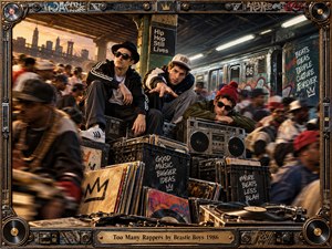 Three rappers command a gritty subway platform amid rushing crowds, record crates, turntables, and a vintage boombox. Warm sunset tones contrast with cool fluorescent light, graffiti, steel, and weathered textures. Cinematic photographic realism, motion blur, bold street details, and an ornate speaker-studded frame create restless urban energy.