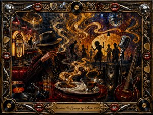 A smoky retro lounge glows with amber, gold, burgundy, and midnight blue, where a shadowed figure sits beside swirling gravy-like forms and dancing silhouettes. Rich painterly textures blend surrealism with vintage nightlife glamour. An ornate black-and-gold musical frame features records, microphones, guitars, mirrored balls, red lips, and an engraved title plate.