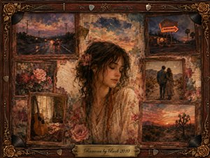 A wistful young woman rests at the center of a nostalgic memory collage, surrounded by framed scenes of a rainy road, desert sunset, roses, a guitar, and a distant couple. Warm amber, dusty rose, brown, and muted blue tones glow softly through layered oil, acrylic, and watercolor textures within an ornate musical rosewood frame.