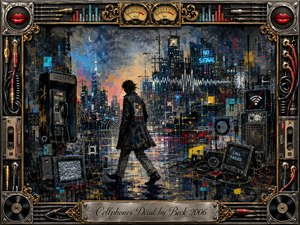 A solitary figure crosses a rain-slicked neon city filled with dead phones, broken screens, tangled cables, and silent electronics. Deep blues, charcoal blacks, rusted gold, and sharp red accents create an anxious, disconnected mood. Textured painterly surfaces, glowing signs, waveform graphics, and an ornate technological frame heighten the surreal isolation.