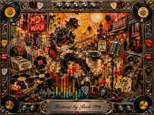 A fiery encaustic rock collage shows a shadowed guitarist tearing through a neon-lit record-store street, surrounded by vinyl, speakers, microphones, cables, and glowing equalizer bars. Molten reds, oranges, golds, black, and turquoise create restless energy, while thick waxy textures, wet reflections, chrome details, and an ornate music-themed frame amplify the gritty retro mood.