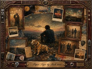 A solitary figure overlooks a glowing dusk landscape beside an origami-like paper tiger, surrounded by faded photographs and weathered rosewood frames. Warm amber, sepia, charcoal, and muted blue tones create a reflective, melancholic mood. Painterly textures, soft atmospheric light, musical relics, and ornate brass details evoke fragile memories and emotional distance.