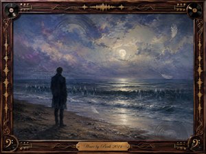 A solitary figure stands on a moonlit shore, facing a dark, gently rolling sea beneath swirling blue, gray, and lavender clouds. Soft silver light reflects across wet sand and waves, creating a melancholic, dreamlike mood. Painterly textures, drifting feathers, subtle sound-wave motifs, and an ornate music-themed frame deepen the atmosphere.