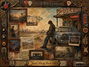 A solitary drifter leans against a weathered blue car beside a fading roadside motel, surrounded by framed snapshots, cassette tapes, guitar parts, maps, and neon signs. Muted ochres, dusty blues, rust, and gold glow beneath hazy sunset light, creating a nostalgic, lonely collage rendered with richly textured, aged painterly detail.
