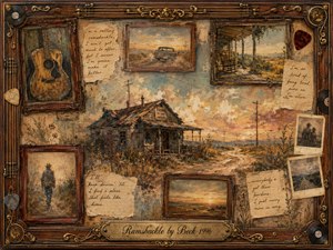 A weathered roadside shack anchors a nostalgic collage of faded memories, framed by old guitars, photographs, handwritten notes, and distant landscapes. Warm sepia, dusty gold, muted blue, and faded rust tones glow beneath soft sunset light. Layered oil, acrylic, and watercolor textures create a tender, timeworn atmosphere of wandering and remembrance.