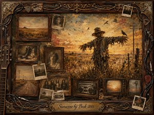 A weathered scarecrow stands in a lonely golden field beneath a glowing sunset, surrounded by crows, telephone poles, and faded rural memories. Sepia, rust, amber, and charcoal tones create a nostalgic, uneasy mood. Layered vintage frames, photographs, instruments, cables, and old electronics form a richly textured mixed-media border.