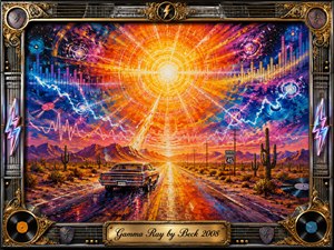 A vintage car crosses a radiant desert highway beneath an enormous cosmic sun exploding with gamma-like energy, electric waves, and psychedelic color. Hot oranges, yellows, pinks, blues, and violets glow across mountains, cacti, and reflective pavement. An ornate chrome-and-gold musical frame with vinyl records, strings, lightning, and engraved title plate completes the vivid acrylic artwork.