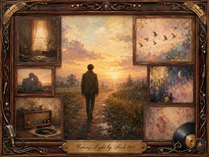 A solitary figure walks toward a radiant dawn through a quiet rural landscape, surrounded by faded rosewood-framed memories of love, home, birds, moonlight, and music. Warm gold, amber, dusty rose, and deep blue tones glow through textured painterly layers, creating a nostalgic, hopeful atmosphere framed with elegant musical ornamentation.