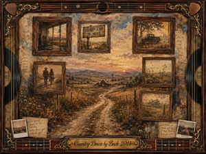 A winding country road crosses golden fields beneath a fading amber sunset, surrounded by framed memories of porches, old trucks, wildflowers, and distant farmhouses. Warm sepia, dusty blue, and brown tones create a wistful mood, while painterly oil, acrylic, and watercolor textures blend with rosewood, brass, vinyl, and guitar-inspired details.