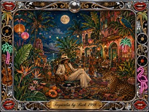 A moonlit tropical courtyard glows with lush palms, colorful lanterns, neon accents, and warm cafe lights. A relaxed figure lounges beside a turntable as dancers, musicians, a parrot, and a resting leopard animate the scene. Rich oil-painted textures, saturated greens, golds, and reds create a dreamy, exotic nightlife atmosphere.