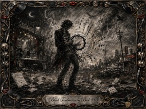 A lone musician shakes a black tambourine in a smoky nocturnal streetscape, surrounded by rippling sound waves, drifting papers, distant stage lights, power lines, and a vintage car. Deep charcoal blacks and grays dominate, accented by muted gold and red. An ornate musical frame and engraved title plate complete the gritty, surreal composition.