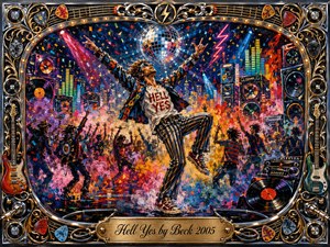 A jubilant dancer explodes through a neon-soaked concert scene beneath a glittering disco ball, surrounded by cheering silhouettes, towering speakers, equalizer lights, confetti, and fiery color. Energetic acrylic-style brushwork blends electric blues, reds, oranges, and pinks. An ornate chrome-and-gold musical frame and engraved title plate complete the exuberant composition.