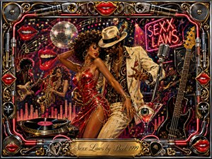 A seductive couple dances amid a surreal retro-funk nightclub packed with musicians, vinyl records, speakers, red lips, and glowing neon. Rich reds, golds, chrome, black, and cream shimmer under dramatic disco lighting. The detailed acrylic-style composition feels playful, glamorous, and eccentric, framed by ornate musical hardware and an engraved title plate.
