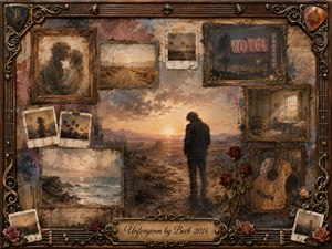 A solitary figure stands in a fading desert at sunset, surrounded by vintage rosewood-framed memories, weathered photographs, roses, an acoustic guitar, and a dim motel sign. Warm sepia, rust, charcoal, and muted blue tones create a reflective, melancholic mood, blending textured oil, acrylic, and watercolor effects beneath softly glowing light.