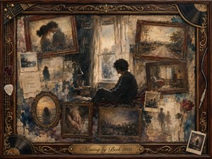 A solitary figure sits beside a softly glowing window, surrounded by ornate frames holding faded lovers, empty roads, quiet rooms, distant landscapes, and intimate memories. Sepia, smoky blue, dusty gold, and worn red tones create a wistful mood. Painterly oil, acrylic, and watercolor textures blend with vintage collage details and musical ornamentation.