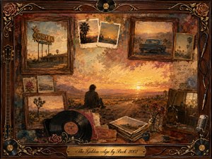 A solitary figure watches a glowing desert sunset amid faded memories framed in dark rosewood. Warm gold, amber, rust, and muted blue tones create a wistful, reflective mood. Vintage photographs, records, guitars, roses, tickets, and a classic car surround the painterly scene, while ornate musical details enrich the nostalgic frame.