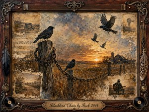 Blackbirds perch and rise above a weathered chained fence at sunset, surrounded by faded rural memories of roads, music, windmills, and a lone guitarist. Warm amber, sepia, charcoal, and dusty blue tones create a wistful mood. Textured mixed-media brushwork, torn collage edges, and an ornate rosewood musical frame deepen the nostalgic atmosphere.