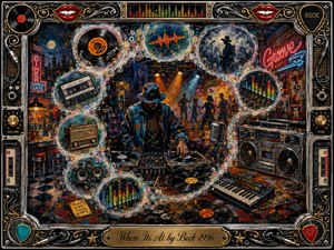 A shadowed DJ commands a vibrant underground studio, surrounded by turntables, records, speakers, cassette tapes, keyboards, microphones, and glowing equalizers. Neon reds, electric blues, amber highlights, and deep blacks create a funky nocturnal mood. Feathered circular memories swirl through the textured collage, framed by ornate chrome, gold, and musical details.
