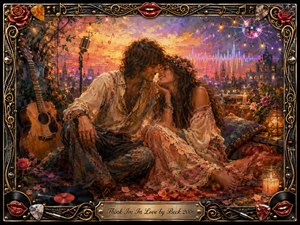 A bohemian couple leans together tenderly in a dreamy rooftop garden at sunset, surrounded by roses, candles, an acoustic guitar, vinyl records, and glowing string lights. Warm gold, crimson, pink, and indigo tones create intimate romance, while textured oil-and-watercolor brushwork and an ornate musical frame give the scene nostalgic, psychedelic charm.