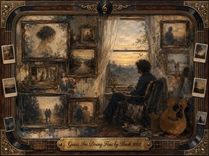 A solitary figure sits beside a sunset window, surrounded by faded portraits, old photographs, and a weathered acoustic guitar. Muted amber, brown, charcoal, and dusty blue tones create a reflective, melancholic mood. Painterly textures, distressed walls, soft golden light, and ornate musical framing suggest memory, resilience, and quiet acceptance.
