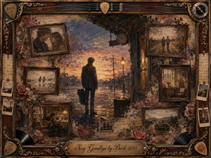 A solitary figure carrying a guitar case stands beneath a twilight archway, surrounded by fading framed memories of love, travel, music, and quiet rooms. Warm amber, sepia, dusty rose, and deep blue tones glow through textured mixed-media brushwork. Ornate rosewood, gold, vinyl, guitar strings, and roses frame the wistful farewell scene.
