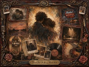 A tender couple embraces at the heart of a nostalgic roadside collage, surrounded by rosewood frames, faded photographs, a motel sign, jukebox, vinyl record, guitar, roses, and vintage microphones. Warm amber, rust, black, and muted red tones glow beneath soft, weathered lighting, blending painterly realism with wistful, romantic decay.
