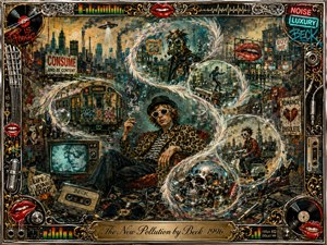A surreal urban collage surrounds a cool, sunglassed figure lounging amid televisions, records, cables, and graffiti. Feathered bubbles sweep through the polluted city in an S-curve, revealing strange musical vignettes. Teal, rust, cream, chrome, and vivid red glow under smoky twilight, framed by ornate gold, vinyl, neon, and audio-inspired details.