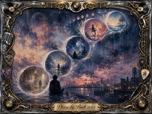 A solitary figure overlooks a twilight city as luminous feather-edged bubbles curve upward, each holding fragments of memory, music, moonlight, and changing landscapes. Deep indigo, violet, amber, and silver tones create a reflective, dreamlike mood. An ornate chrome-and-gold musical frame surrounds the painterly scene, anchored by an engraved title plate.