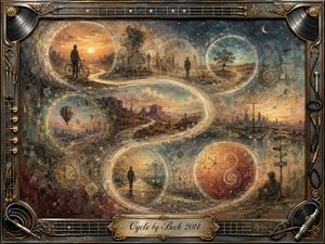 A surreal, nostalgic journey unfolds through glowing circular scenes linked by a sweeping S-shaped path, suggesting repetition, memory, and transformation. Warm amber sunsets blend with dusty blues, charcoal shadows, and weathered earth tones. Textured painterly surfaces, bicycles, roads, clocks, landscapes, and solitary figures sit within an ornate musical frame.