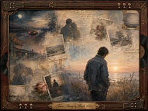 A solitary figure stands beside a glowing shoreline at dawn, surrounded by fading memories of lovers, roads, roses, motel signs, and worn photographs. Muted blues, sepia browns, dusty rose, and soft gold create a wistful mood. Painterly oil, acrylic, and watercolor textures blend gently within an ornate music-themed wooden frame.