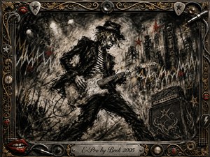 A gritty guitarist dominates a turbulent urban scene, rendered in deep charcoal textures with smoky blacks, weathered grays, and sharp red accents. Harsh stage-like lighting cuts through the darkness, emphasizing frantic movement and rebellious energy. An ornate metallic frame of gold filigree, music hardware, and red lips surrounds the composition.