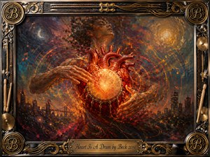 A glowing anatomical heart transformed into a hand-played drum anchors this surreal oil painting, surrounded by swirling crimson, amber, teal, and indigo rhythms. A shadowed figure rises behind it beneath moonlit and golden skies, while concentric pulse waves energize the scene. Ornate metallic framing, cymbals, strings, and engraved detailing complete the musical atmosphere.