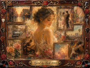 A softly illuminated woman anchors a nostalgic collage of romantic memories, surrounded by rain-washed streets, vintage cars, roses, dancing couples, guitars, and glowing city scenes. Warm amber, cream, rose, and muted blue tones blend through painterly textures. An ornate musical frame of gold, records, strings, microphones, and red lips completes the dreamy composition.