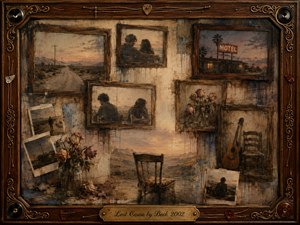 A nostalgic mixed-media collage fills an ornate rosewood and gold frame, blending faded desert roads, a lonely motel, wilted roses, distant lovers, an acoustic guitar, and an empty chair. Dusty sepia, muted blue, rust, and rose tones glow under soft evening light, while weathered textures, drips, and Polaroid memories deepen the melancholy.
