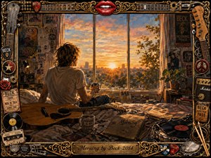 A solitary musician sits on a rumpled bed at sunrise, gazing through a wide window over a glowing city while holding a warm drink. Golden light, amber shadows, guitars, records, posters, plants, and scattered memorabilia create a reflective, nostalgic mood. An ornate music-themed frame and engraved title plate complete the painterly composition.