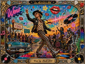 A flamboyant dancer strides through a surreal rock-and-roll dreamscape filled with neon lips, vinyl records, musicians, a turquoise convertible, and desert highway imagery. Electric blues, hot pinks, golds, and oranges glow beneath vivid stage lighting. Energetic mixed-media painting, chrome reflections, confetti, sound waves, and an ornate musical frame create playful, psychedelic excitement.