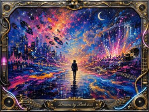 A lone figure walks through a luminous dreamscape where a glowing city, distant concert stage, floating vinyl records, and a crescent moon merge beneath a cosmic sky. Electric blues, magentas, golds, and oranges shimmer across reflective ground in expressive painterly strokes, framed by ornate chrome, instruments, speakers, cables, and musical details.