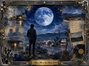 A solitary figure overlooks a moonlit desert town beneath an enormous glowing blue moon, surrounded by faded memories of roads, porches, photographs, and distant companionship. Deep indigo, silver, cream, and antique gold create a wistful nocturnal mood, while layered oil, acrylic, watercolor, musical motifs, roses, and an ornate metallic frame add nostalgic texture.