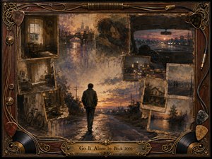 A solitary figure walks down a rain-darkened road at sunset, surrounded by faded snapshots of empty rooms, city lights, quiet streets, and distant memories. Warm amber, rust, charcoal, and muted blue tones create a reflective, lonely mood. Textured painterly brushwork, soft twilight lighting, and an ornate music-themed frame deepen the nostalgic atmosphere.