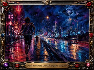 A lone runner races through a rain-slicked neon city at night, framed by glowing streets, blurred traffic, and a distant illuminated skyline. Deep blues, purples, crimson, cyan, and amber reflections create an electric, restless mood. Expressive painted textures add motion, while the ornate musical frame features chrome, gold, red lips, strings, and stage-light details. SongData_NightRunning_CageTheElephantBeck_2019