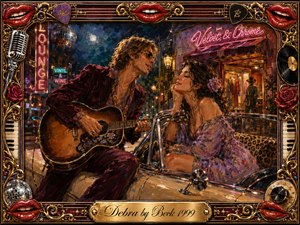 A glamorous moonlit street scene captures a flirtatious musician serenading a poised woman beside a vintage convertible. Rich burgundy, gold, violet, and chrome glow beneath neon lights and a disco ball. Expressive painterly textures blend romance with playful nightlife energy, framed by glossy lips, roses, records, instruments, and ornate musical details.