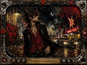 A rebellious figure with hornlike, windswept hair strides through a neon-soaked nighttime street, framed by chrome, gold, cables, guitar picks, and amplifier controls. Thick acrylic textures, smoky shadows, dirty reds, blacks, and electric yellows create a gritty surreal mood, while headlights, graffiti, power lines, and glowing signs intensify the restless energy.