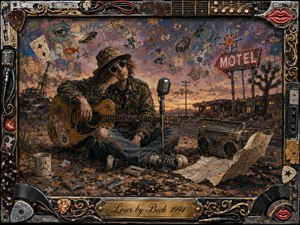 A weary drifter with sunglasses and a battered acoustic guitar sits beside a lonely desert highway, surrounded by cassette tapes, a boombox, scattered cards, and roadside debris. Warm sunset oranges contrast with dusty blues and rusted metal. The gritty mixed-media collage blends surreal Americana, grunge textures, neon motel glow, and eccentric musical symbolism.