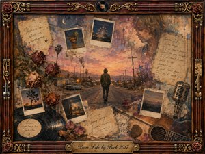 A solitary figure walks down a quiet desert road at sunset, surrounded by faded Polaroids, handwritten notes, wilted roses, vinyl, guitar, and vintage microphone imagery. Warm gold, dusty pink, brown, and violet tones create a wistful nostalgic mood, framed by ornate rosewood, gold inlay, musical strings, and an engraved title plate.